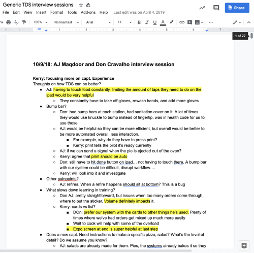 screenshot of google doc of interviews